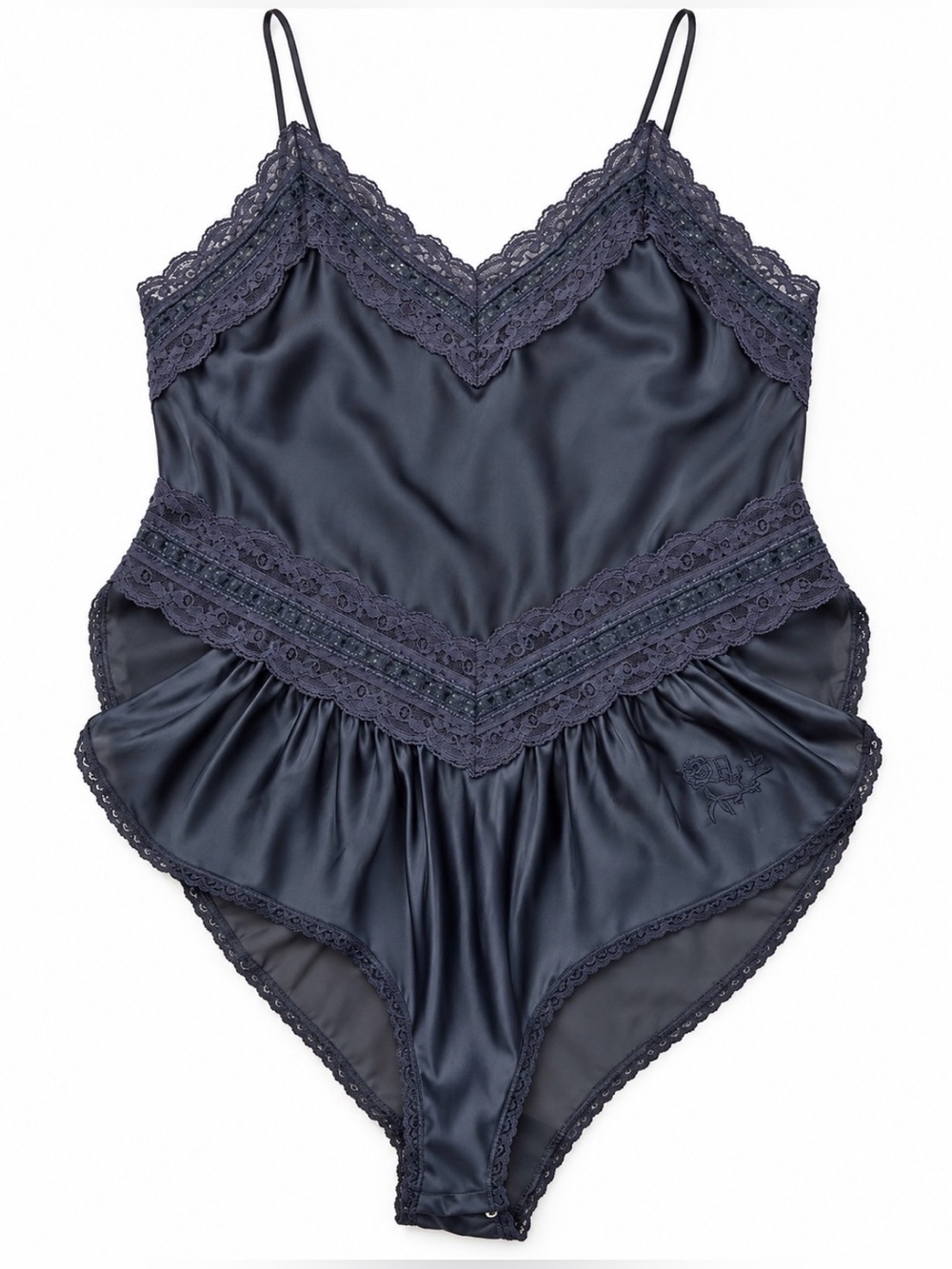 Vintage Christian Dior Navy Satin Lace Teddy Bodysuit L Lingerie USA
